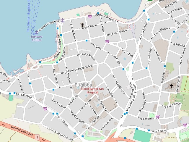 Map of Bugibba with Familija Serbian Restaurant marked